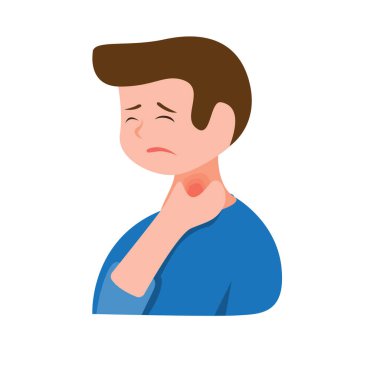 Boğazı ağrıyan hasta bir adam, boynunu tutuyor. Beyaz bir arkaplanda karikatür düz çizimi. Hastalık ve hastalık belirtileri
