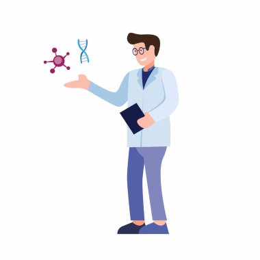 Bilim adamı, laboratuvar önlüklü doktor bakteri hücresi ve DNA çizgi filmi düz karakter çizim vektörü.