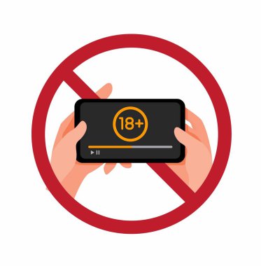 dur izle porno kampanya işaret simgesi, olgun video uyarı sembolü el ve akıllı telefon çizgi film düz illüstrasyon vektörü beyaz arkaplanda izole