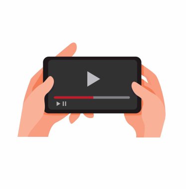 Akıllı telefon izleme videosu çevrimiçi yayınlanıyor, cep telefonu çizgi film düz illüstrasyon vektörü beyaz arkaplanda izole edilmiş.