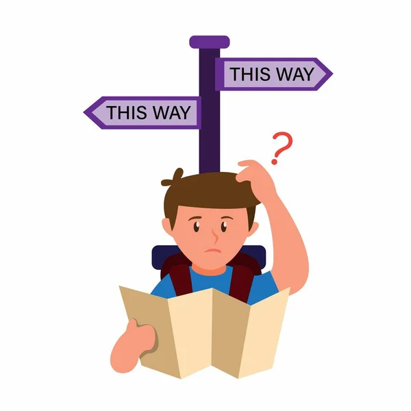 Man Looking Map Confusing Choose Way Road Sign Cartoon Illustration — Stock Vector