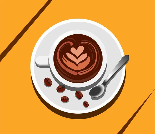 Kopp Kaffe Latte Konst Med Kaffeböna Och Sked Begrepp Illustration — Stock vektor