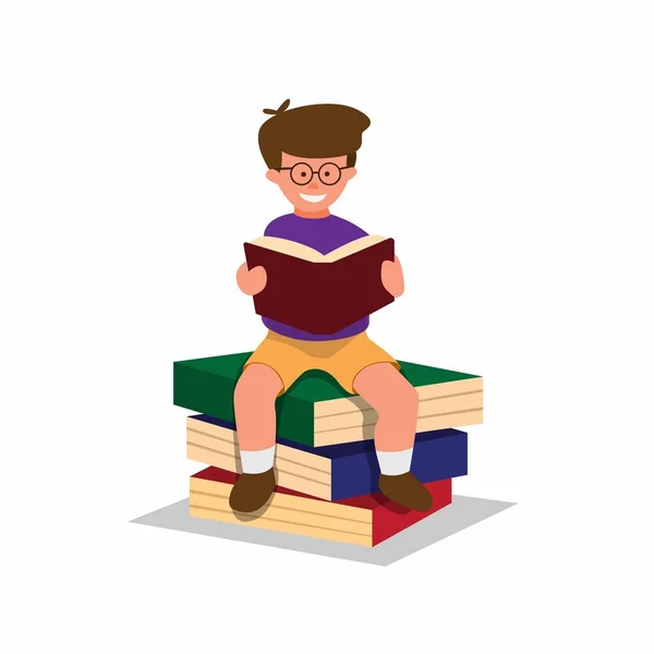 Boy Reading Book Sitting Stack Books Children Study Learning Illustration — Stock Vector