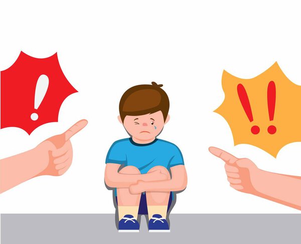 boy sitting feeling sad and cry being scolded parent, scolding with forefinger to children symbol cartoon flat illustration vector