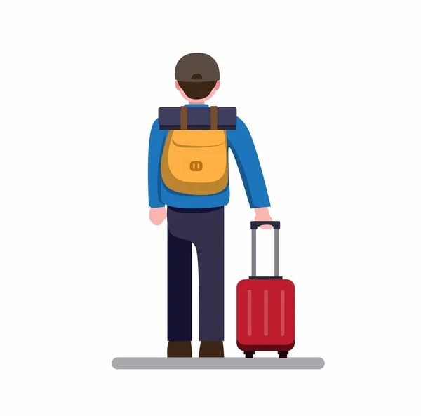 Vue Arrière Homme Voyageant Avec Sac Dos Valise Dessin Animé — Image vectorielle