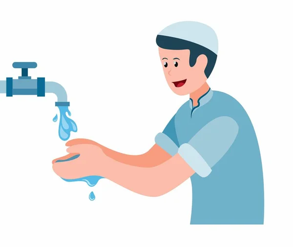 Μουσουλμάνος Κάνει Έκπλυση Αγόρι Πλένει Χέρι Του Νερό Κινούμενο Σχέδιο — Διανυσματικό Αρχείο