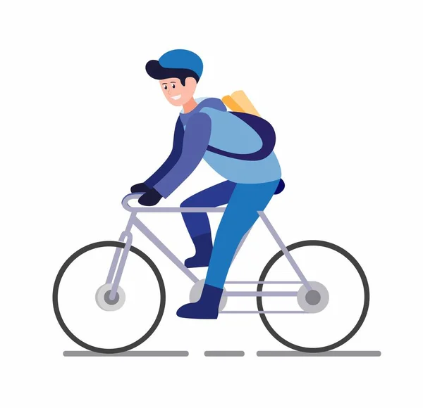 新聞少年や宅配自転車白い背景に隔離されたコスチュマー漫画のフラットイラストベクトルへのパッケージ付き自転車に乗る — ストックベクタ