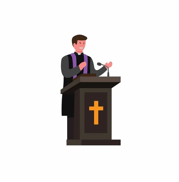 牧师站在讲台上演讲 带着圣经 漫画平面插图矢量 在白色背景中孤立 — 图库矢量图片