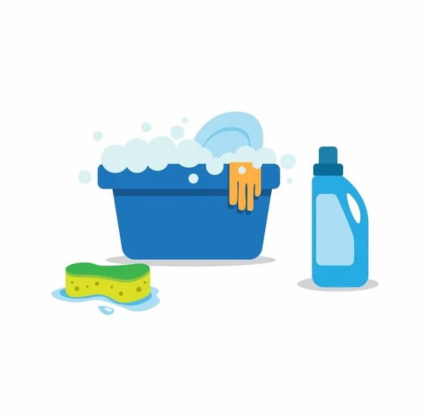 Tvättbalja Fylld Med Latexhandske Svamp Och Tvättmedel För Hushållsarbete Och — Stock vektor