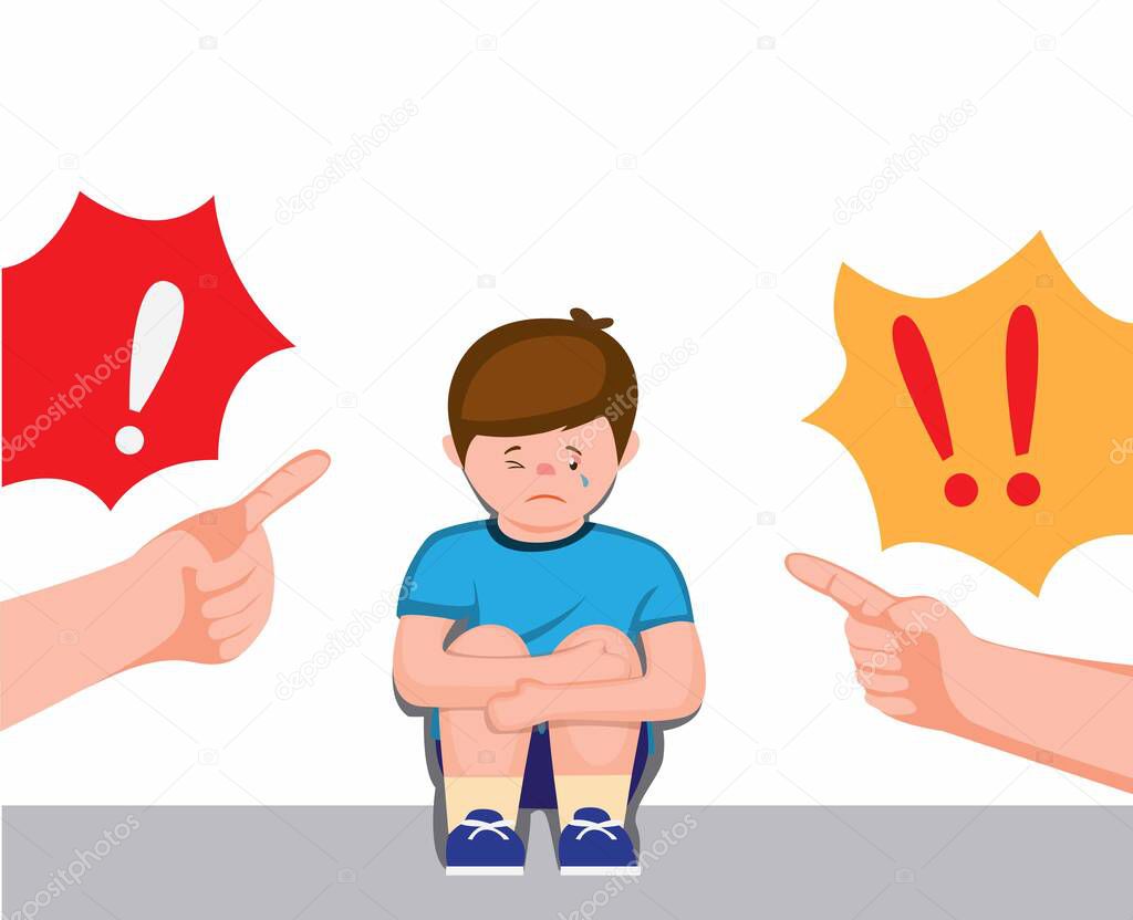 boy sitting feeling sad and cry being scolded parent, scolding with forefinger to children symbol cartoon flat illustration vector