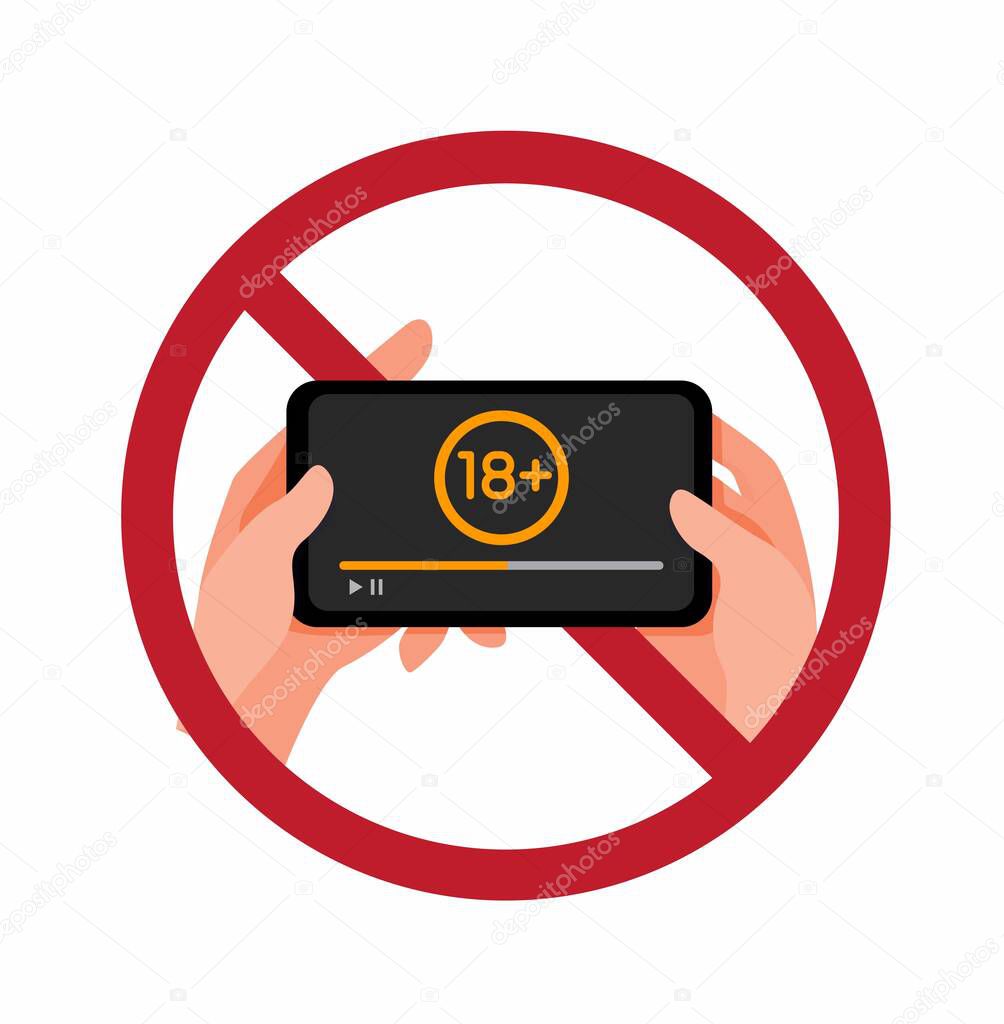 stop watch porn campaign sign icon, mature video warning symbol with hand and smartphone cartoon flat illustration vector isolated in white background