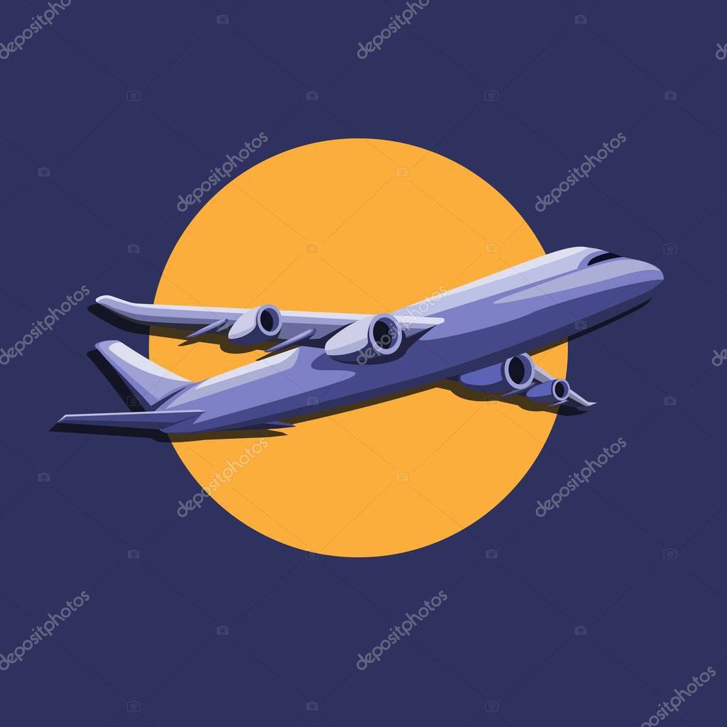 Airplane flight with sun logo symbol concept in cartoon illustration vector