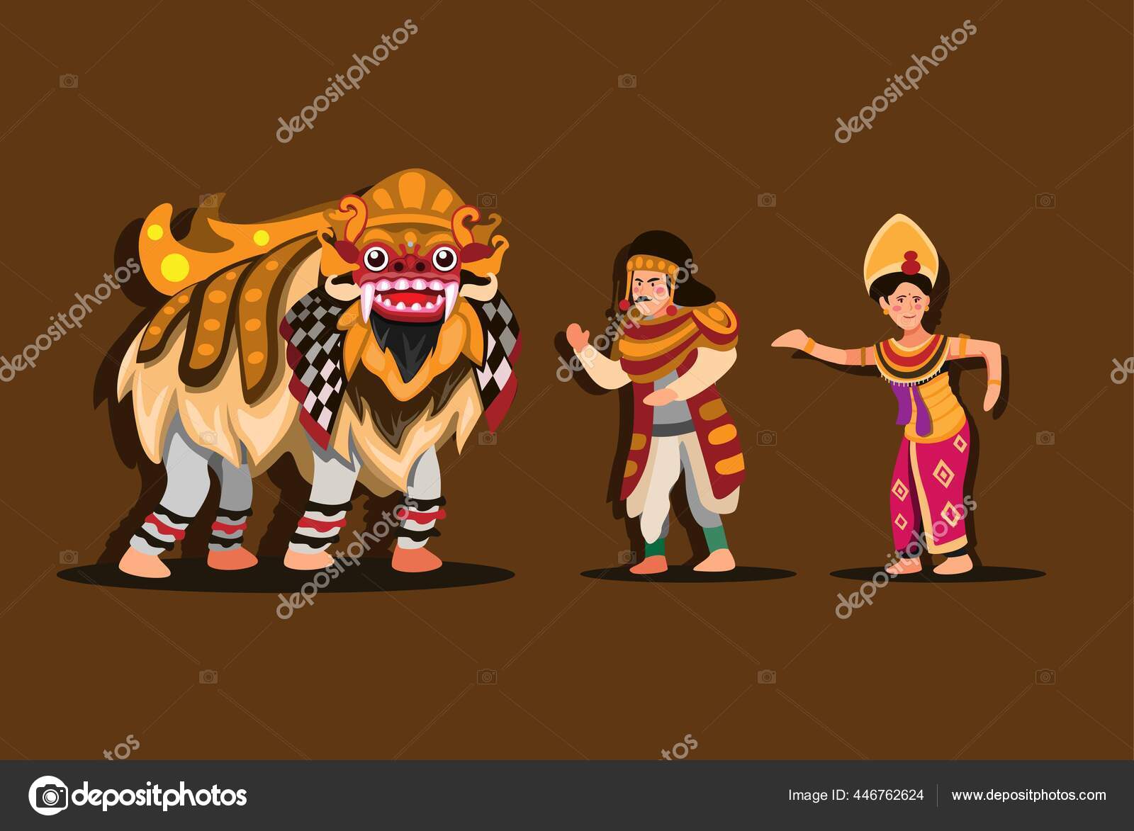 Barong Traditional Dance Bali Indonesia Male Woman Wearing Costume Dancing Vector Image By C Simplyamazing Vector Stock 446762624