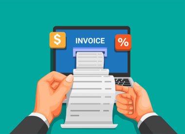 Bill laptoptan fatura kesti. Çizgi film illüstrasyon vektöründe mobil ödeme ve mali yönetim kavramı