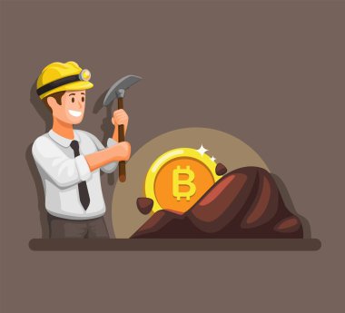 Bitcoin madenciliği, kripto para birimi finansal iş konsepti karikatür illüstrasyon vektörü