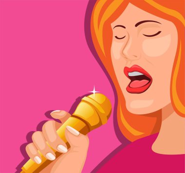 Elinde mikrofon tutan kadın, karikatür illüstrasyon vektöründe şarkıcı sembolü kavramı