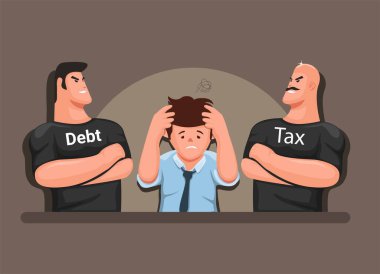 Vergi ve borç tahsildarları, finans yönetimi iş sembolü çizim vektörü stresli adam