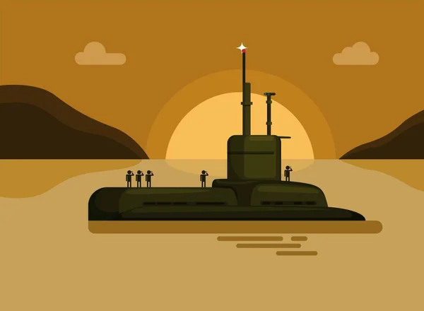 Submarine Navy Soldier Sea Island Sunset Military Warship Cartoon Illustration — ストックベクタ