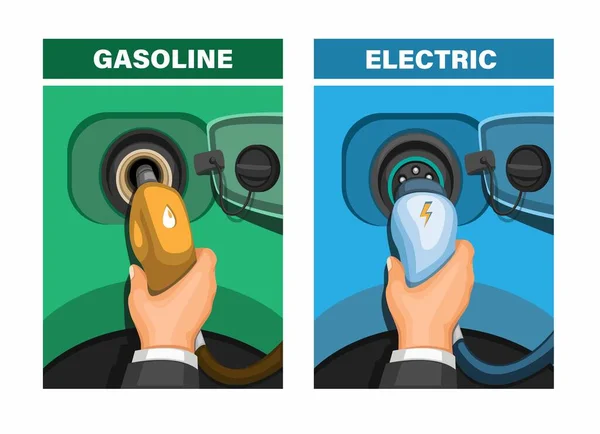 漫画イラストベクトルの車の燃料ガソリンと電気比較の概念 — ストックベクタ