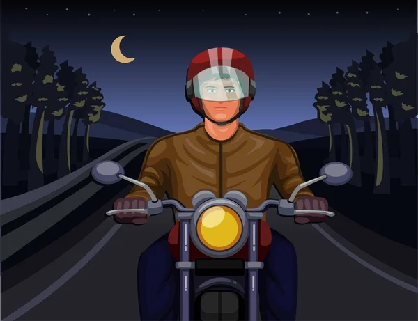 Passeio Noturno Com Moto Conceito Cena Floresta Escura Desenho Animado — Vetor de Stock