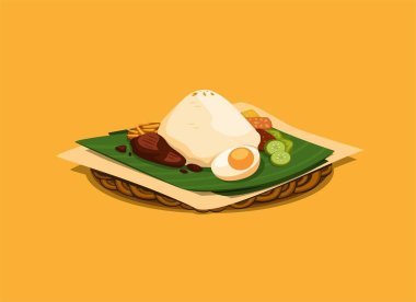 Asian traditional food rice with side dish served on banana leaf and rattan plate illustration realistic vector clipart