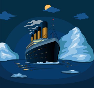 Titanic cruise ship sail in sea iceberg in night scene illustration in cartoon vector clipart