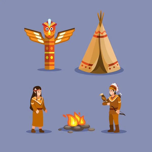 Nativo Indio Americano Símbolo Étnico Establecido Vector Ilustración Dibujos Animados — Vector de stock