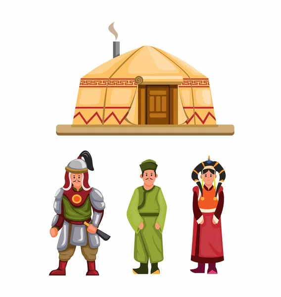 Ropa Tradicional Mongola Personaje Construcción Ambientado Vector Ilustración Dibujos Animados — Vector de stock