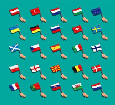 Avrupa bayrağı koleksiyonu. Avrupa ulusal ülkeleri el illüstrasyon vektörüyle bayrak sembolü