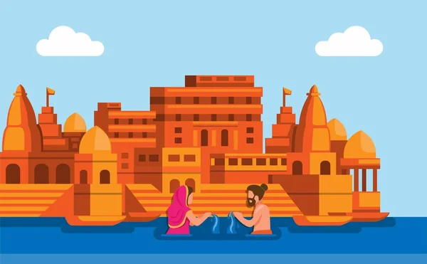 Ganga River Holy Bathing Ceremony Indian Landmark Culture Concept Cartoon — Image vectorielle