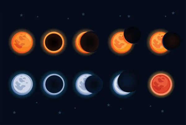 Güneş ve Ay, çizgi film illüstrasyon vektöründe astronomi sembolü koleksiyonu kavramını gölgede bırakır