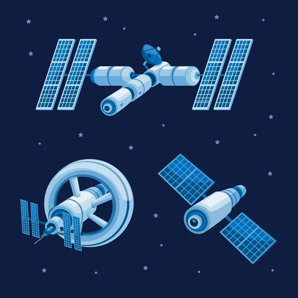 Raumstation Und Satellitenorbit Der Galaxiensammlung Set Konzept Cartoon Illustration Vektor — Stockvektor