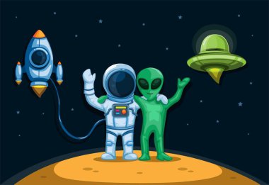 Gezegen üzerinde uzay gemisi ve UFO konsepti olan uzaylı arkadaşlığı olan astronot çizgi film illüstrasyon vektörü