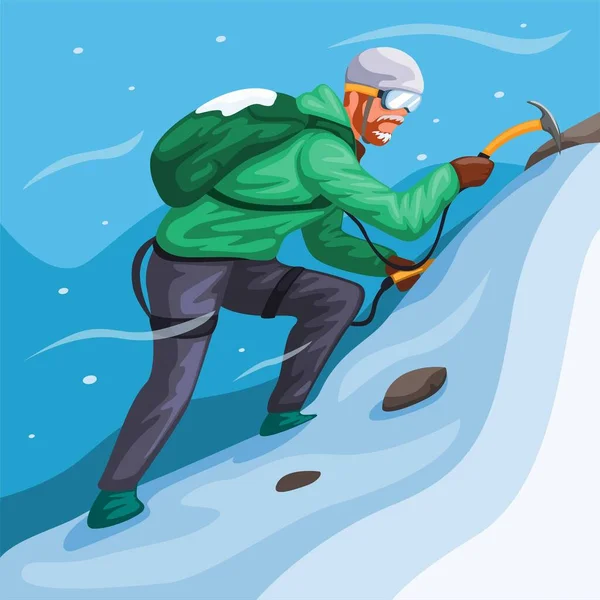 Hombre Escalando Montaña Hielo Tormenta Nieve Vector Ilustración Escena Deporte — Vector de stock