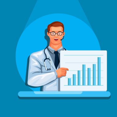 Doktor holding tahtası istatistiksel tıbbi rapor, bilim adamı Avatar karakter çizim vektörü