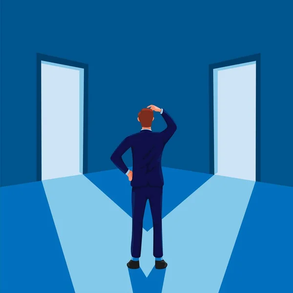 Άνθρωπος Στέκεται Μπερδεμένος Μπροστά Δύο Πόρτες Επιχειρηματίας Καριέρα Σύμβολο Αποφάσεων — Διανυσματικό Αρχείο