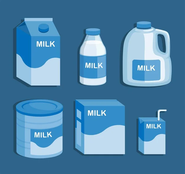 Milchprodukt Schachtel Flaschenpulver Und Trinkfertige Verpackungen Sammlung Set Illustration Vektor — Stockvektor