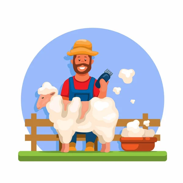 Farmer Rasieren Schafe Schafe Scheren Cartoon Illustration Vektor — Stockvektor