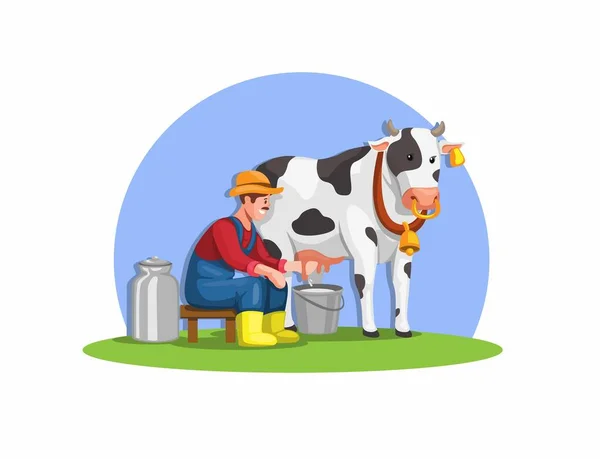 Фермер Доїння Корови Свіже Органічне Молоко Ілюстрації Тваринництва Вектор — стоковий вектор
