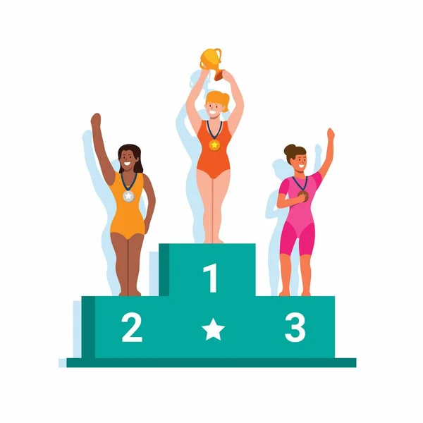 Mujer Atleta Nadadora Podio Ganador Competencia Deportiva Ceremonia Ilustración Vector — Vector de stock