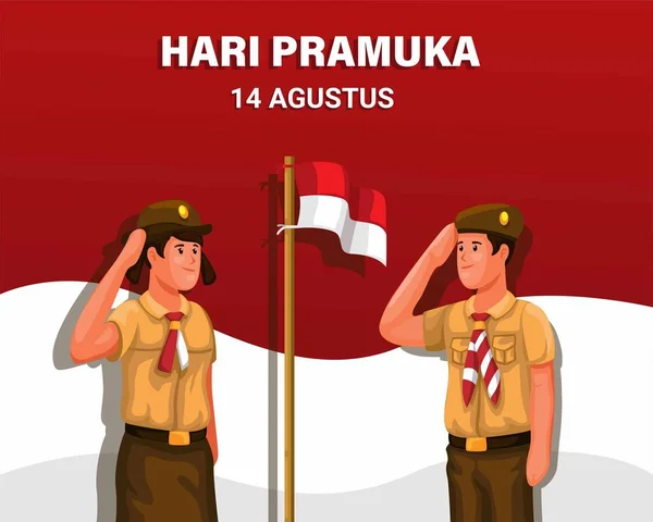 Hari Pramuka Indonezyjski Zwiadowca Sierpnia Uczniami Salutującymi Indonezyjskiej Fladze Wektor — Wektor stockowy