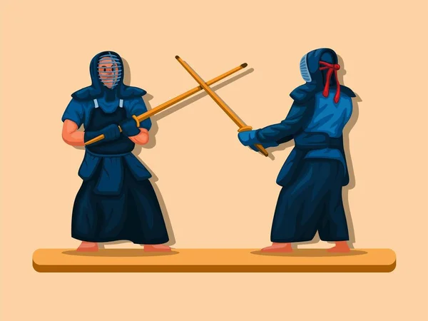 Kendo Japanische Kampfkunst Holz Schwert Schlacht Sport Illustration Cartoon Vektor — Stockvektor