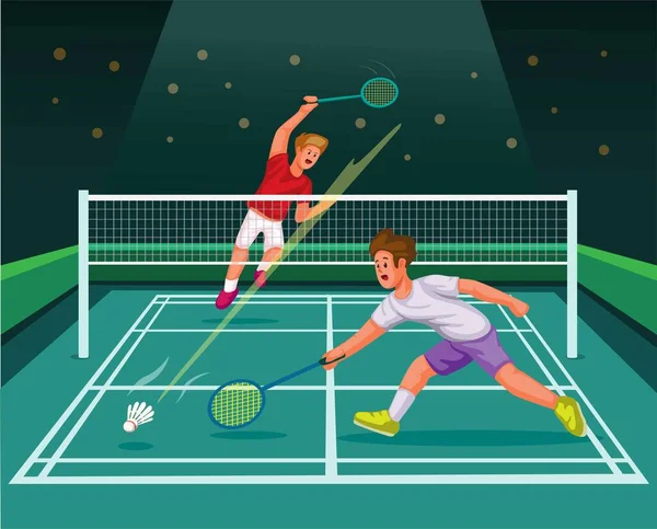 Badminton Speler Smash Wedstrijd Wedstrijd Rechtbank Sport Stadion Cartoon Illustratie — Stockvector