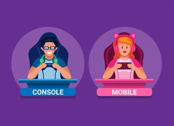 Gamer Jungen Und Mädchen Charaktersatz Konsole Und Mobiler Gaming Symbol — Stockvektor
