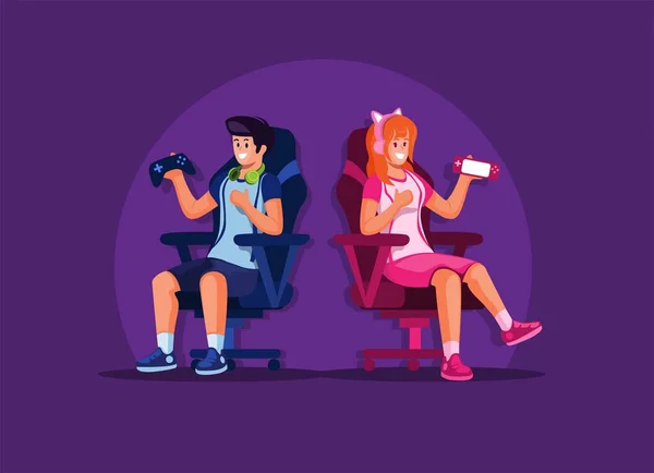 游戏男孩和女孩坐在游戏椅子上 手握游戏垫和便携式游戏 Esport播放器说明符向量 — 图库矢量图片