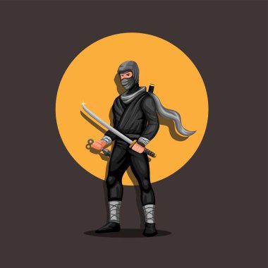 Ninja figürlü karakter arka planda gün batımı ile ayakta duruyor. Ninja Japon kültür maskotu illüstrasyon vektörü