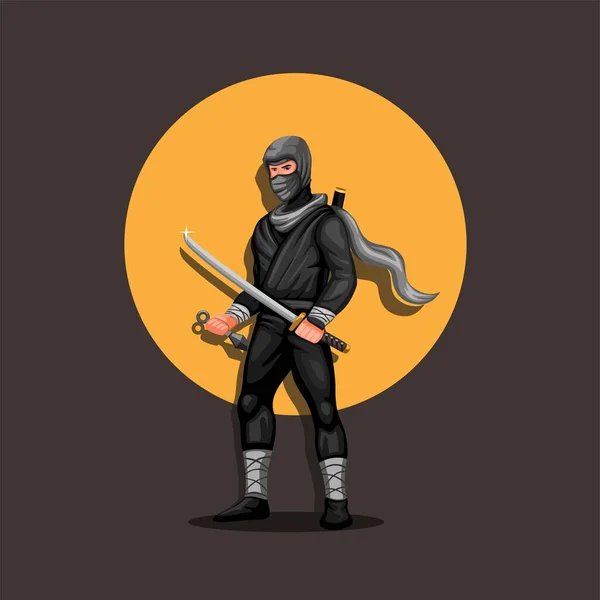 Personnage Ninja Debout Avec Coucher Soleil Arrière Plan Ninja Japonais — Image vectorielle