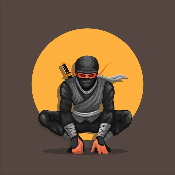 Ninja Přikrčený Pózovat Znak Ilustrační Vektor — Stockový vektor