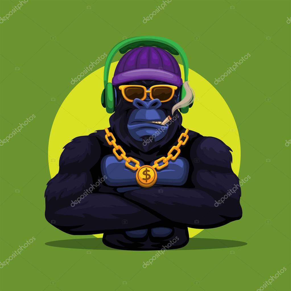 Gorilla king kong monkey wearing headset and gold necklace mascot character illustration vector
