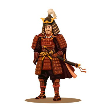 Detailed vector of a Japanese samurai warrior wearing traditional armor and helmet, standing in a confident pose with a katana at his side. Inspired by historical Japanese culture and bushido spirit. 